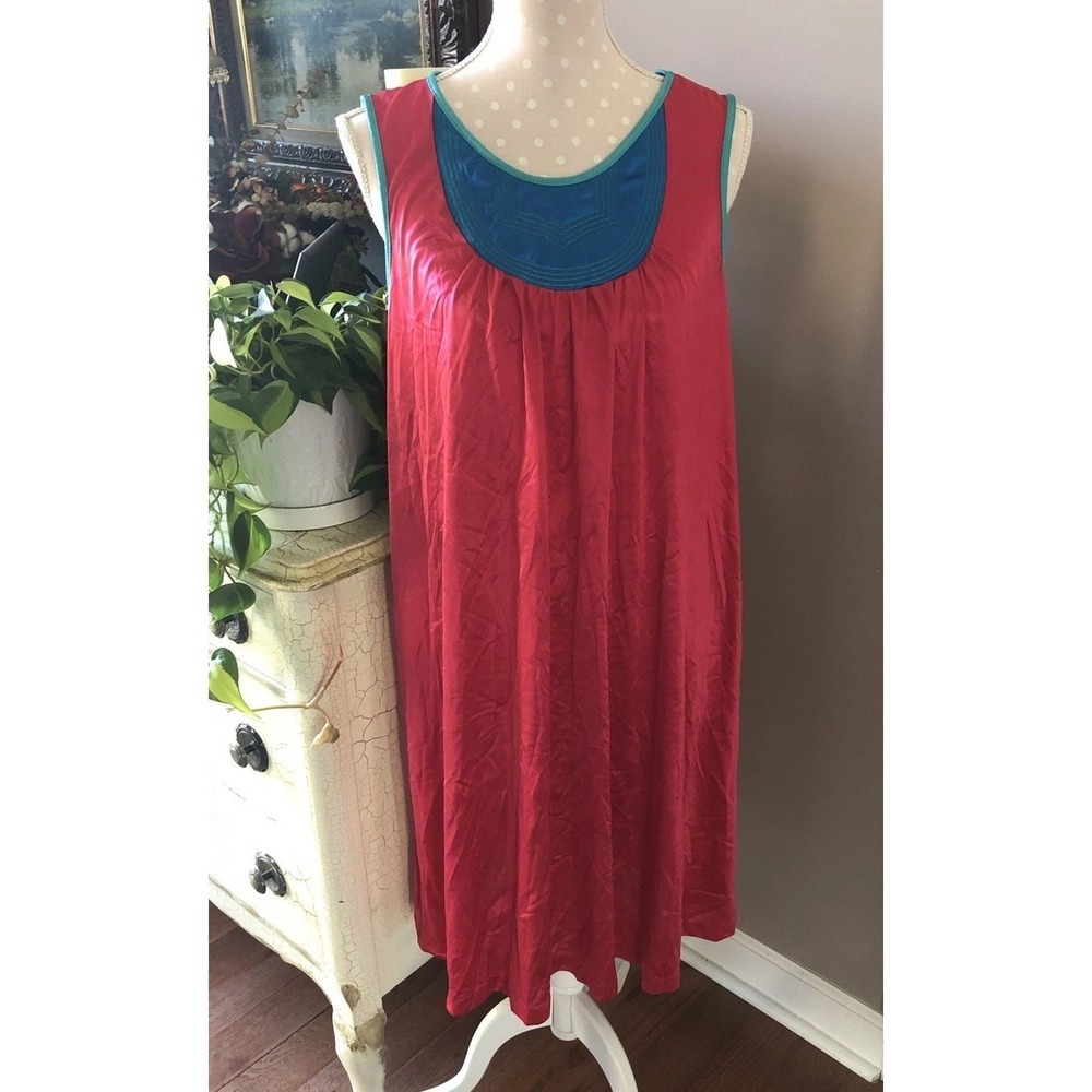 Vintage Vanity Fair Gown Nightgown Hot Pink Blue & Green Color Block Women M USA